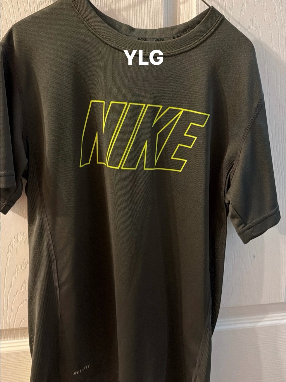 Nike Kids Olive Short Sleeve Tee with Neon Yellow Logo